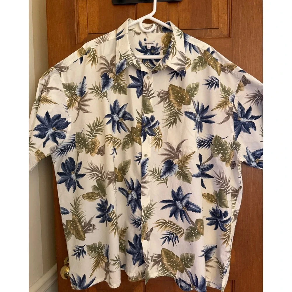 Pierre Cardin Mens Tropical Camp Shirt Size 4XL Cream Short Sleeve Button Down